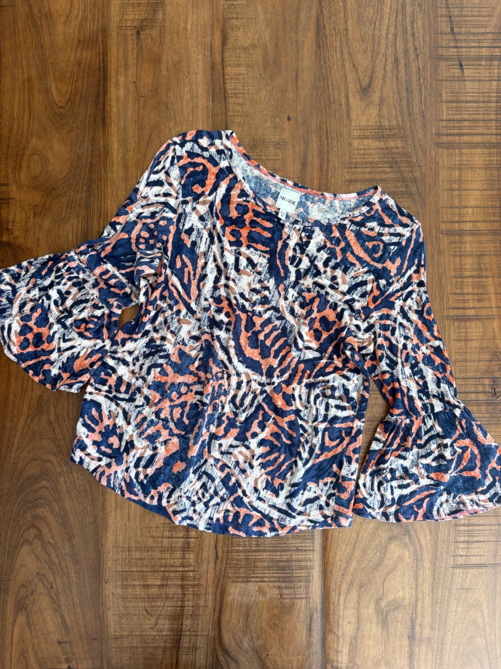 NIC+ZOE Navy, Coral & White Printed Bell-Sleeve Top Med